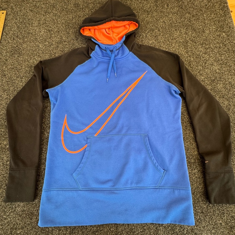 Nike Blue Pullover Hoodie with Black Sleeves and Orange Swoosh